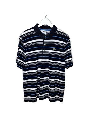 Vintage 80s Lacoste Classic Black, Blue & White Striped Pique Polo Shirt, Size 6